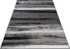A rectangular rug with a striped abstract pattern in shades of black, gray, and white, laid out on a white background. Produktbild-Vorschau