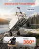 A folding wagon with large wheels is shown in an outdoor setting near a body of water and trees. A close-up inset shows a wheel with a 360-degree rotation graphic. Produktbild-Vorschau