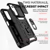 A black phone case with a ring holder and camera cover is shown disassembled with text highlighting its features. Produktbild-Vorschau