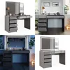 Collage of a grey vanity table with LED mirror in different settings. Produktbild-Vorschau