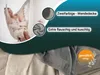 A woman relaxing in a hammock, with close-ups of a blanket and text highlighting its features. Produktbild-Vorschau