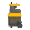 A side view of a yellow and gray electric garden shredder with a transparent collection bin and wheels, set against a white background. Produktbild-Vorschau