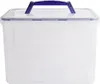 A clear, front-facing studio shot of a rectangular, clear plastic storage box with a blue handle and lid. Produktbild-Vorschau