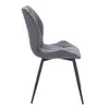 Side view of a single grey fabric dining chair with black metal legs against a white background. Voir les images du produit