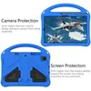 A collage showing the front and back of a blue tablet case, with text describing its features. Produktbild-Vorschau