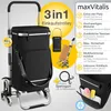 A marketing image showcasing a black shopping trolley with various features highlighted by text and icons. Produktbild-Vorschau