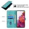 A teal leather wallet-style phone case is shown open, displaying card slots and a cash slot, with a phone inserted. A smaller image of the case is in the top left corner. Text describes the product's features. Produktbild-Vorschau