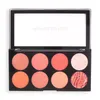 An overhead shot of an open makeup palette with eight circular pans of blush and highlighter. Produktbild-Vorschau