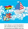 A cartoon illustration of bath toys in bubbly water, with German text below. Voir les images du produit