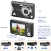 A digital camera with various labels pointing to its features, and diagrams showing how to insert an SD card. Produktbild-Vorschau