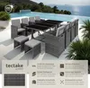 An outdoor rattan furniture set with a table and chairs arranged around a swimming pool. Náhled obrázku produktu