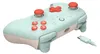 A mint-colored video game controller with red buttons and joysticks, shown with a white USB-C cable. Produktbild-Vorschau