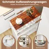 A narrow storage cart with a wooden top, placed between kitchen cabinets, with lifestyle images of a kitchen, laundry room, and living room at the bottom. Podgląd zdjęcia produktu