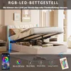 A bed with storage and LED lighting, with app and remote control features highlighted. Produktbild-Vorschau