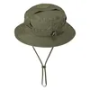 A green bucket hat with a drawstring and a velcro patch on top, shown against a white background. Podgląd zdjęcia produktu
