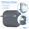 A marketing image showing a gray silicone case for AirPods 3, with close-up views highlighting its features and thickness. Produktbild-Vorschau