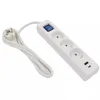 A white power strip with three outlets and USB ports, connected to a white power cord and plug. Produktbild-Vorschau
