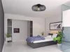A modern bedroom with a bed, nightstand, and a ceiling light. Náhled obrázku produktu