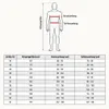 A diagram of a male figure with measurements indicated, alongside a size chart. Produktbild-Vorschau
