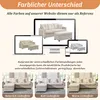 A collage of images showing a sofa on different devices and in different lighting conditions, with accompanying text explaining color differences. Anteprima dell’immagine prodotto