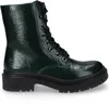 A single green patent leather boot with black laces and a black sole, shown from the side against a white background. Produktbild-Vorschau