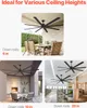 Collage of ceiling fans installed in different settings, indicating suitability for various ceiling heights. Náhled obrázku produktu