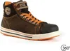 A single brown high-top work boot with orange laces and accents, shown against a white background. Náhled obrázku produktu