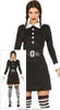 A woman wearing a black dress with white collar and cuffs, black belt, and striped stockings, styled as a costume. Produktbild-Vorschau