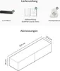 The image shows the contents of a delivery package and the dimensions of a TV board. Produktbild-Vorschau