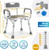 A shower chair with dimensions and feature callouts. Produktbild-Vorschau
