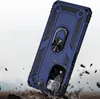 A blue phone case with a ring holder is shown in a dynamic, falling pose with debris around it. Produktbild-Vorschau