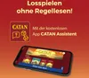 A smartphone displaying the CATAN app interface, with promotional text and the CATAN logo above. Anteprima dell’immagine prodotto