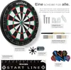 A dartboard and its accessories are displayed on a white background, with descriptive text and images highlighting the product's features. Produktbild-Vorschau