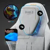 Close-up of a gaming chair, highlighting neck support and memory foam cushions with illustrative graphics. Náhľad obrázku produktu