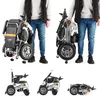 Collage of images showing a foldable electric wheelchair from different angles, with and without a person. Náhľad obrázku produktu