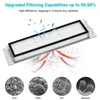 A close-up of a vacuum cleaner filter with diagrams illustrating its filtering capabilities and the types of particles it traps. Podgląd zdjęcia produktu