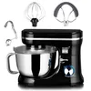 A black stand mixer with its accessories displayed against a white background.