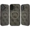 Three views of a brown and gray Guess branded iPhone case with a repeating logo pattern. Produktbild-Vorschau