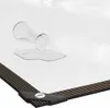 A corner of a transparent tarp is shown with water spilled on it, demonstrating its waterproof quality. The tarp has reinforced edges with grommets. Produktbild-Vorschau