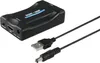 A black SCART to HDMI converter with attached cables on a white background. Voir les images du produit