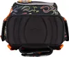 The bottom view of a black backpack with flame-like patterns and orange accents. Voir les images du produit