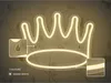 A neon crown light is shown on a patterned background, with close-up insets showing mounting hardware and the light strip. Produktbild-Vorschau