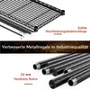 Close-up of metal shelving components and marketing text. Produktbild-Vorschau