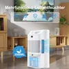 A white dehumidifier is shown in a living room setting, with a TV and furniture in the background. Icons and text are overlaid on the image. Anteprima dell’immagine prodotto