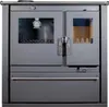 A front view of a gray wood-burning stove with a glass oven door and a thermometer. Produktbild-Vorschau