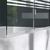 A close-up view of a glass shower wall for a bathtub, showing the handle and frosted stripes. Produktbild-Vorschau