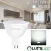 A product image featuring a white LED lamp in the foreground and a modern living room in the background, with text overlays indicating product specifications. Produktbild-Vorschau