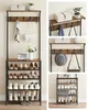 Collage of images showing a hallway organizer with shelves and hooks, displaying shoes, bags, and accessories. Náhled obrázku produktu
