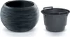 Two dark-colored planters are shown against a white background. The planter on the left is round with a textured, ribbed surface. The planter on the right is a cylindrical bucket with handles. Náhľad obrázku produktu