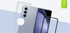 A clear protective case, a folded smartphone, and a screen protector are arranged diagonally on a light blue and white background. Produktbild-Vorschau